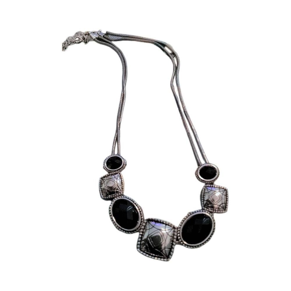 Vintage Silver Faceted Oval Black Crystal & Geometric Tile Necklace